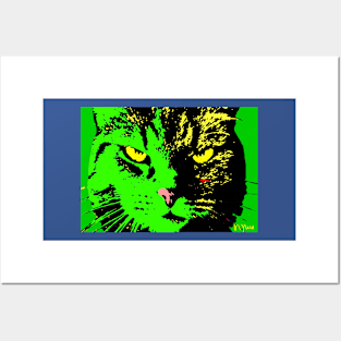 ANGRY CAT POP ART - GREEN YELLOW BLACK Posters and Art